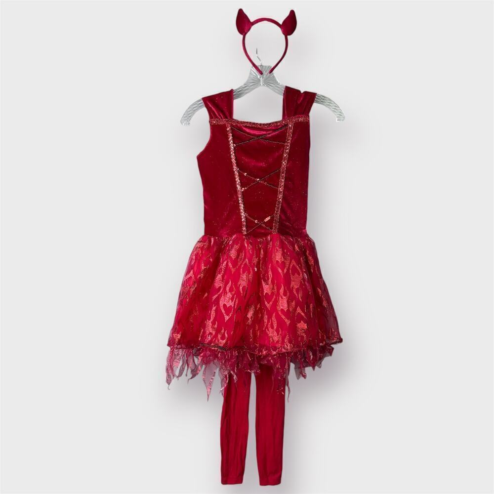 Spirit Halloween Kids Fiery Devil Costume Red Dress Horns Girl's Size L Cosplay